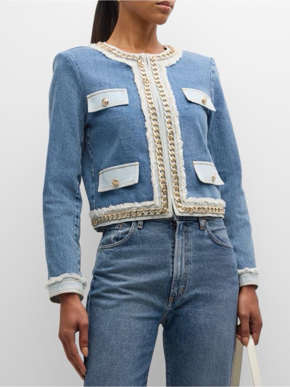 Alice + Olivia Light Blue Denim Chain-Trim Cropped Jacket